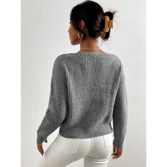 Pearl Beaded Drop Shoulder Cross Wrap Sweater gray - Picture 2 of 4